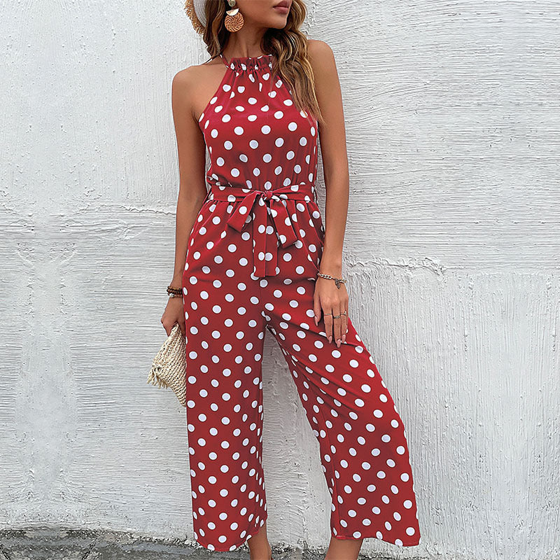 Polka Dot Wide-Leg Jumpsuit with Halter Neck and Tie Waist