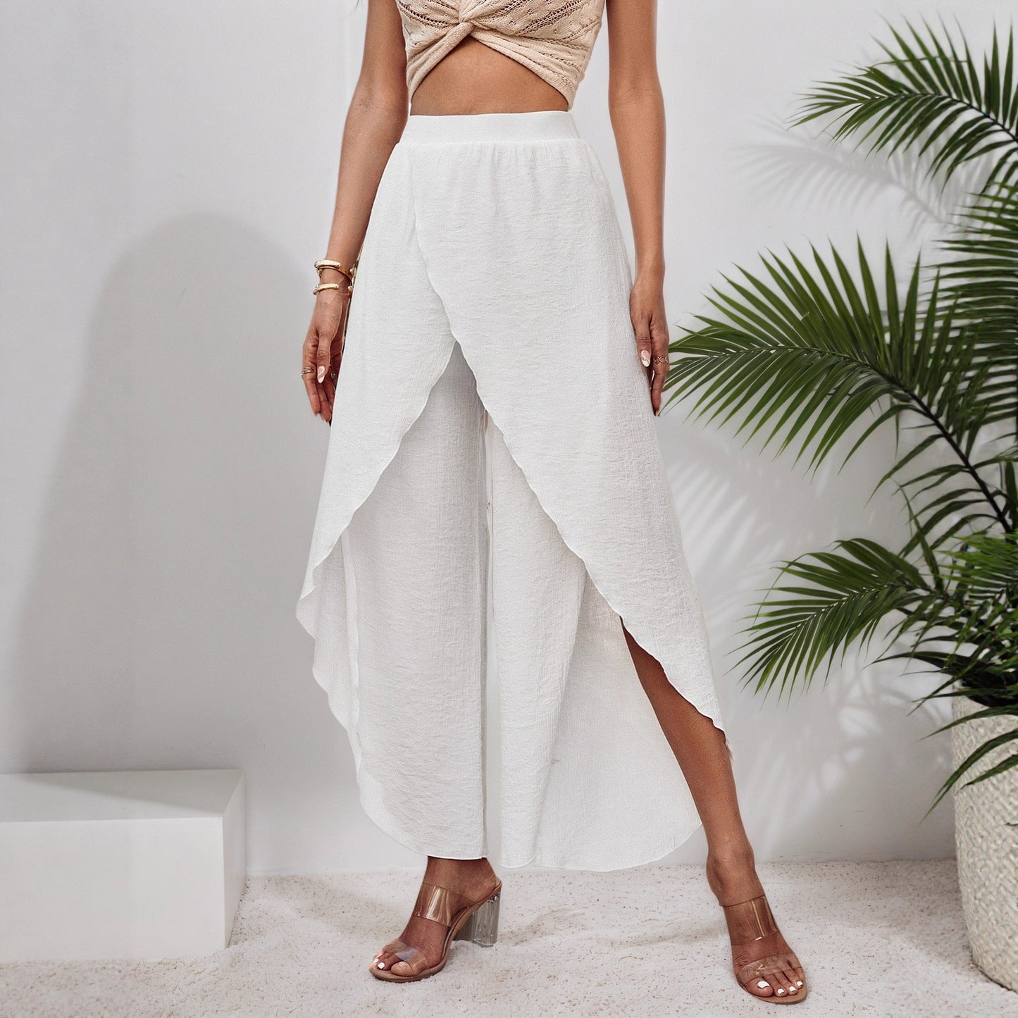 High-Waist Wide-Leg Pants with Asymmetrical Wrap Front