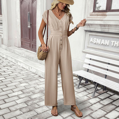 Wide-Leg Jumpsuit with V-Neck, Flutter Sleeves & Button Front