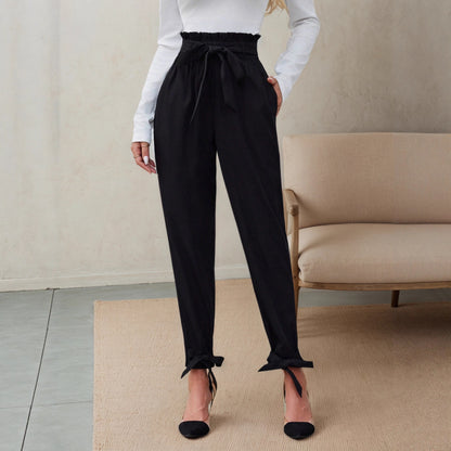 Tapered Cropped Pants with Paperbag Waist and Ankle Bows