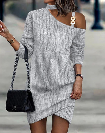 Ribbed Knit Mini Dress with Choker Halter and Buckle Shoulder