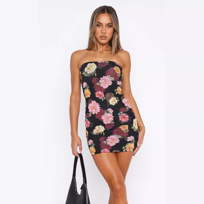 Floral Print Strapless Bodycon Mini Dress with Ruched Detail