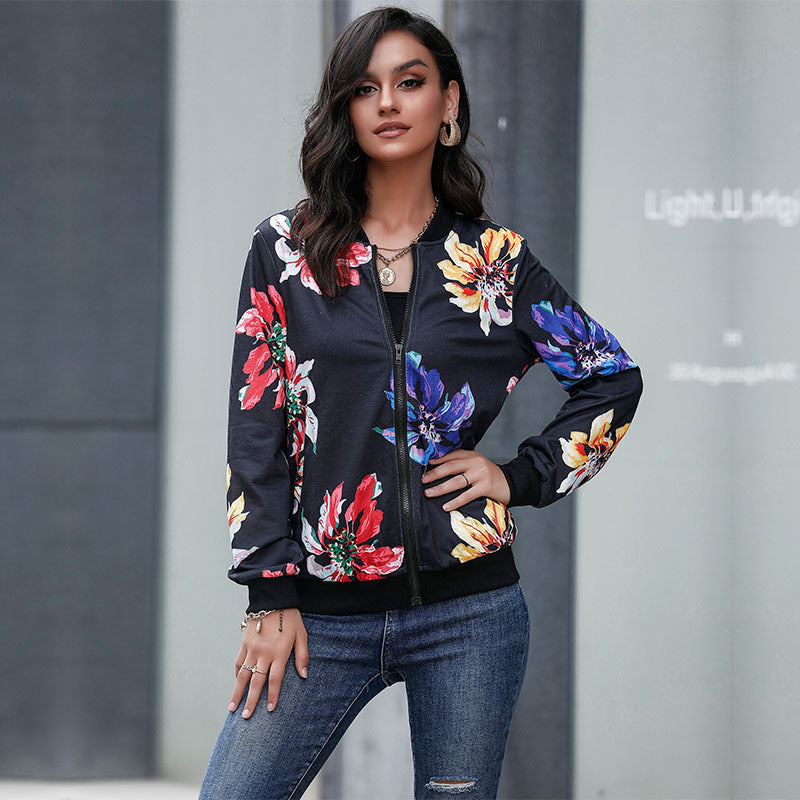 Floral Print Zip-Up Bomber Jacket with Ribbed Trim