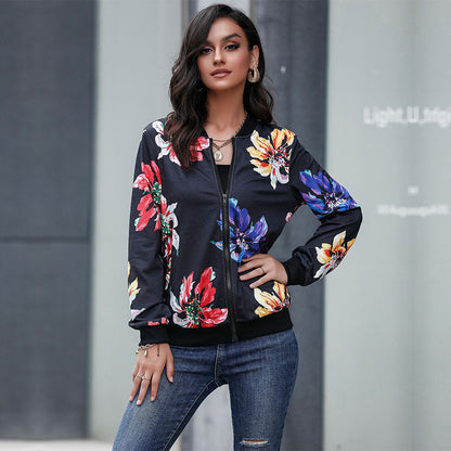 Floral Print Zip-Up Bomber Jacket with Ribbed Trim