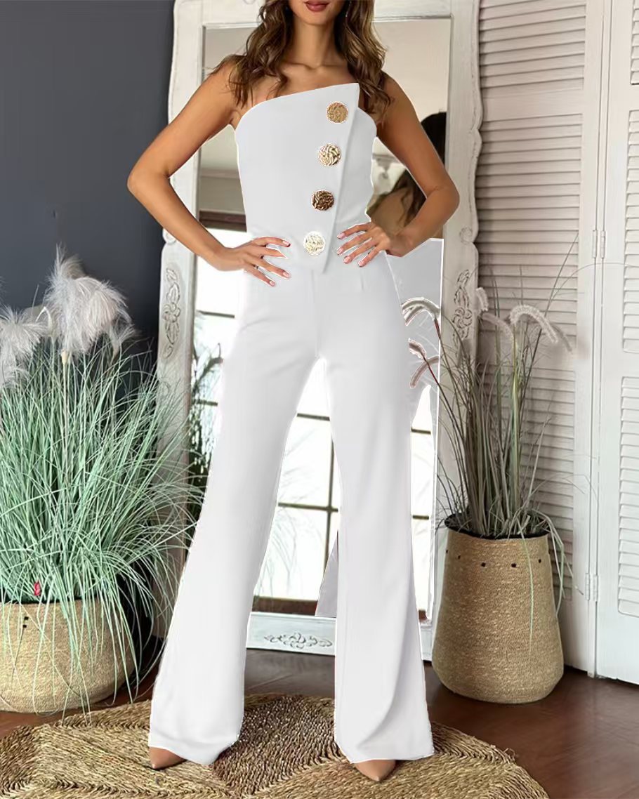 Strapless Wide-Leg Jumpsuit with Decorative Buttons