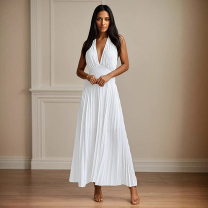 Pleated Maxi Dress with Halter Neck and Open Back