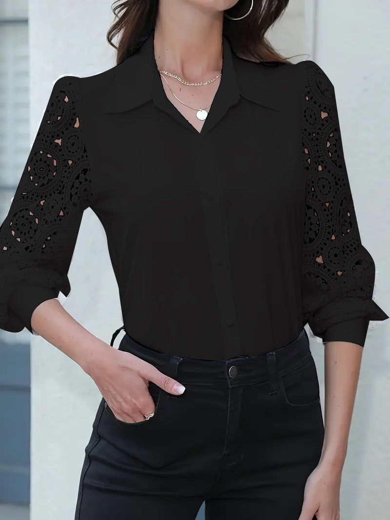 Button-Down Shirt with Lace Sleeves and Lapel Collar