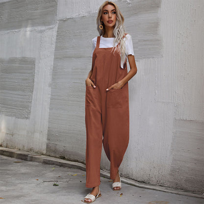Loose Fit Cotton Linen Suspender Jumpsuit