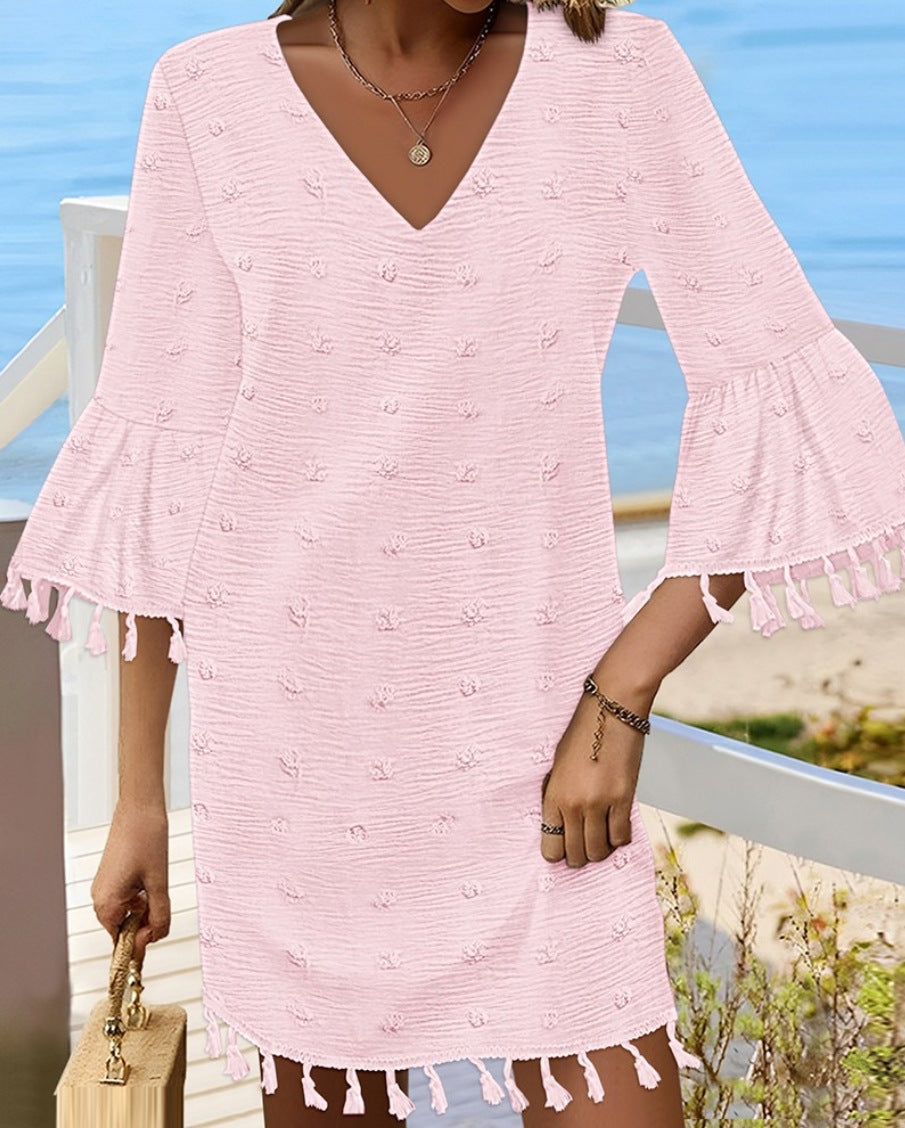 Loose Fit V-Neck Mini Dress with Tassel Bell Sleeves
