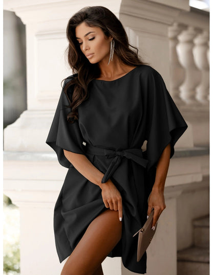 Solid Relaxed Fit Dress with Bell Sleeves and Waist Tie