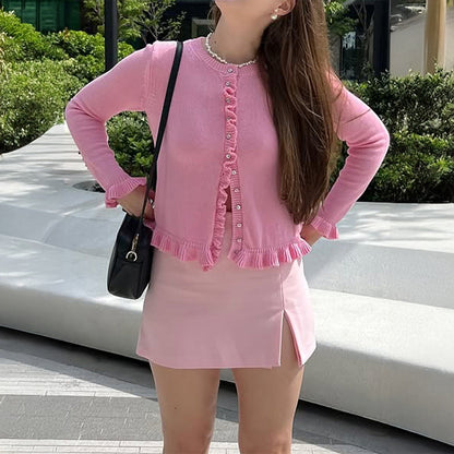 Knit Cardigan with Ruffle Trim and Round Neck