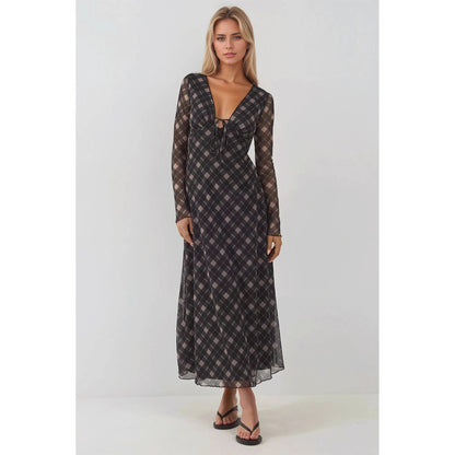 Plaid Maxi Dress with V-Neck Tie Front and Sheer Sleeves