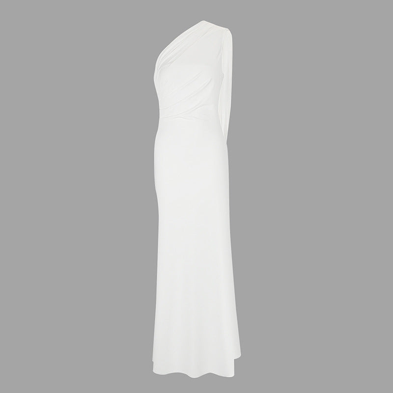 One-Shoulder Bodycon Maxi Dress with Draped Ribbon Detail