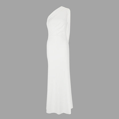 One-Shoulder Bodycon Maxi Dress with Draped Ribbon Detail