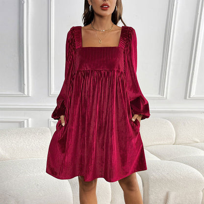 Pleated Velvet Mini Dress with Square Neck and Puff Sleeves