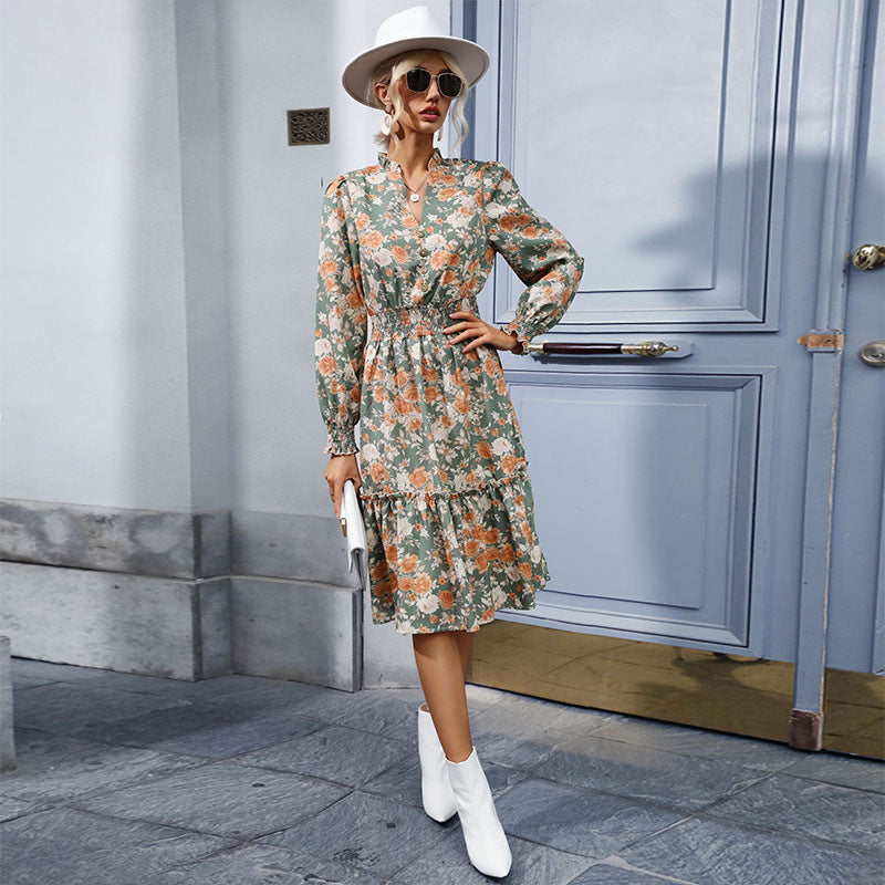 Floral A-Line Midi Dress with V-Neck and Shirred Waist