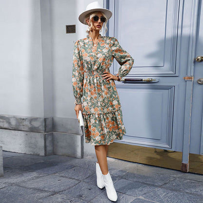 Floral A-Line Midi Dress with V-Neck and Shirred Waist