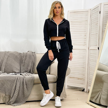 Cropped Zip-Up Hoodie and Jogger Set with Contrast Drawstring