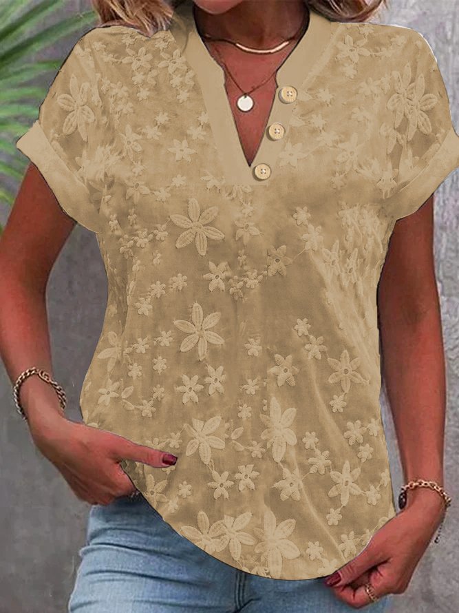 Textured Floral V-Neck Top with Cuffed Short Sleeves