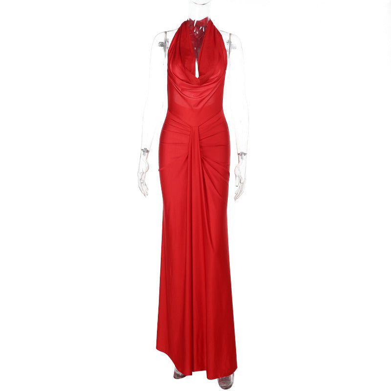 Backless Halter Neck A-Line Long Dress Solid Color Polyester