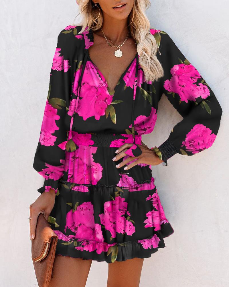 Printed Ruffled Mini Dress with V-Neck and Lantern Sleeves