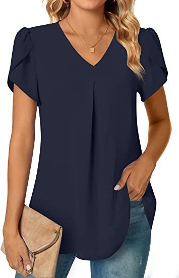 Solid V-Neck Blouse with Petal Sleeves and Pleated Front