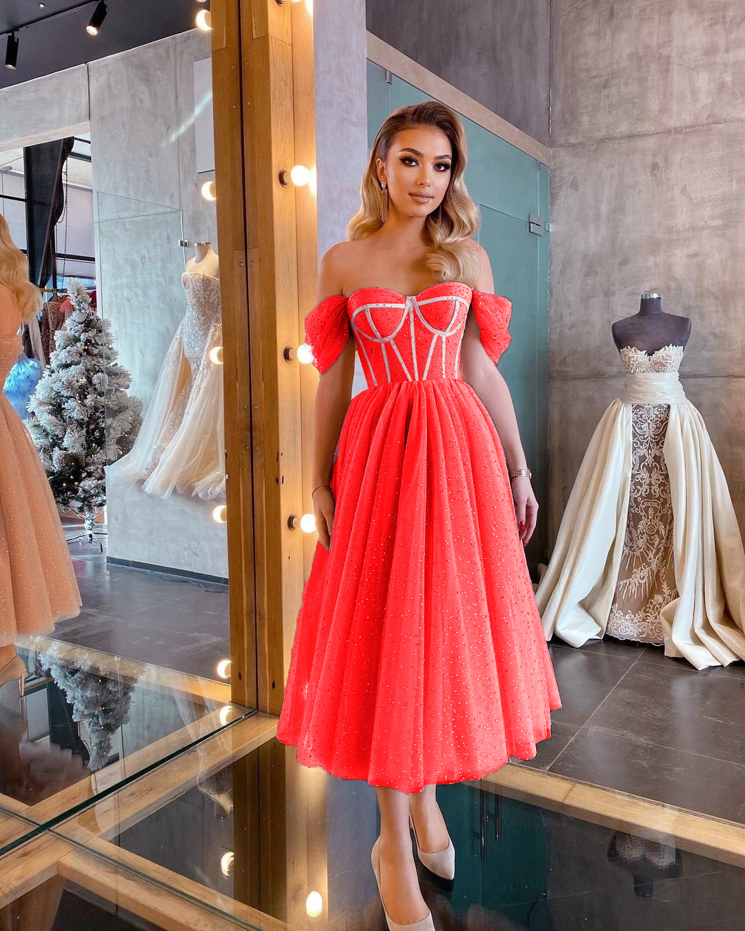 A-Line Midi Dress with Corset Bodice and Glitter Tulle