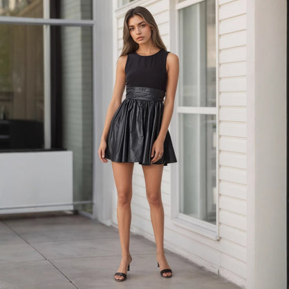 Sleeveless Round Neck A-Line Mini Dress with Faux Leather Splicing