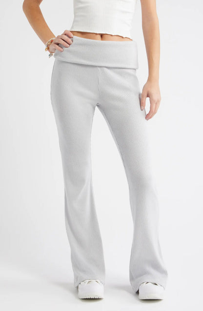 Ribbed Knit Flared Pants with Fold-Over Waistband