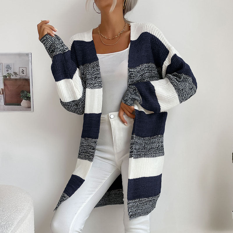 Striped Open Front Cardigan with Long Length