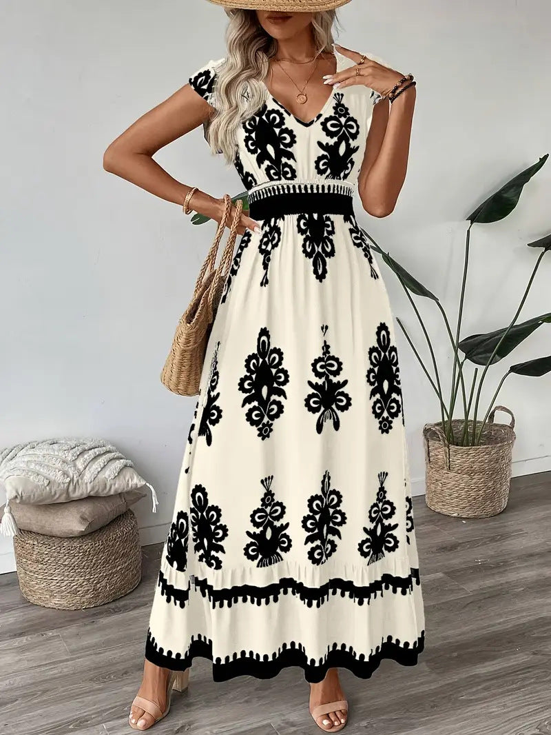 Printed A-Line Maxi Dress with V-Neck