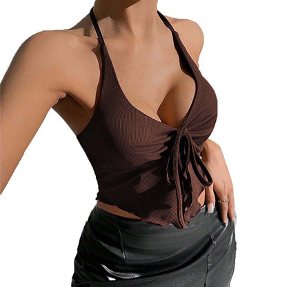 Ribbed Halter Crop Top with Bow Tie and Irregular Hem