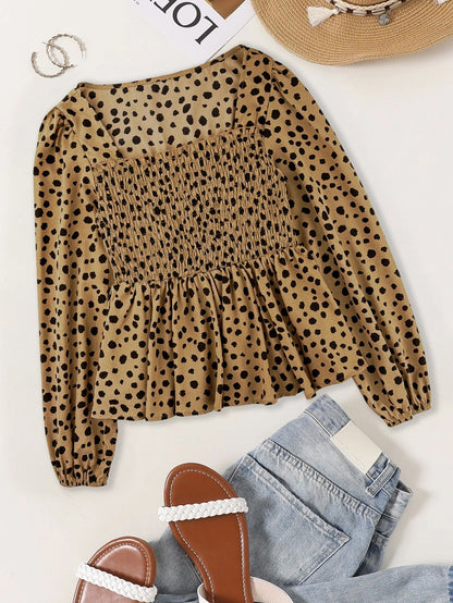 Polka Dot Peplum Blouse with Square Neck and Smocked Bodice