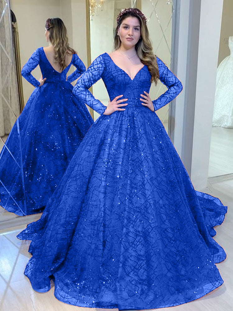 Sequined A-Line Evening Dress with Deep V-Neck and Long Sleeves