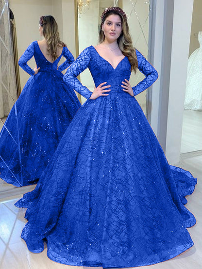 Sequined A-Line Evening Dress with Deep V-Neck and Long Sleeves