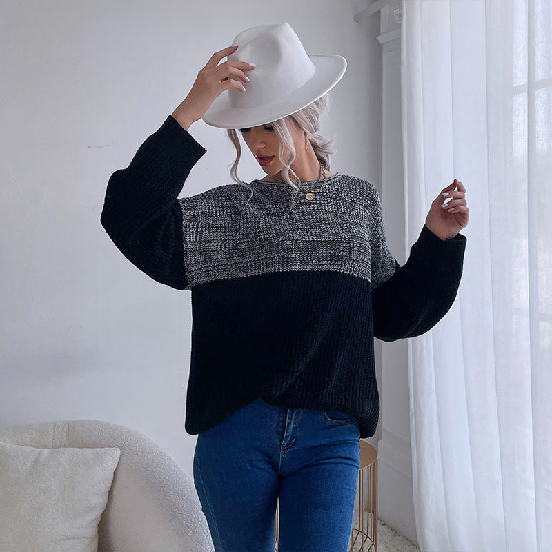 Oversized Color-Blocked Knit Sweater with Crewneck