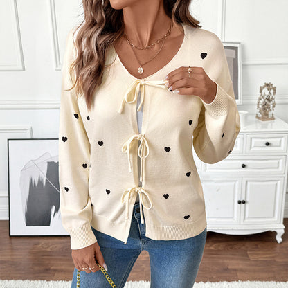 Heart Pattern Cardigan with Tie-Front and V-Neck