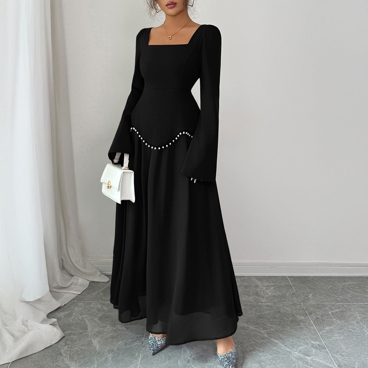 Solid A-Line Maxi Dress with Square Neck and Pearl Peplum