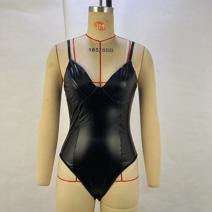 Bodycon PU Spliced Bodysuit with Sweetheart Neckline