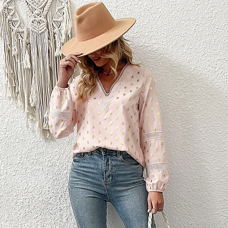 Gold Dot Blouse with V-Neck and Lace Trim