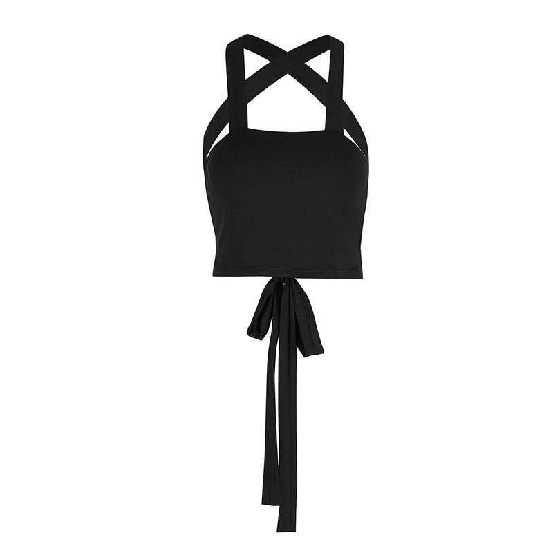 Solid Crop Top with Halter Neck and Criss-Cross Tie-Back
