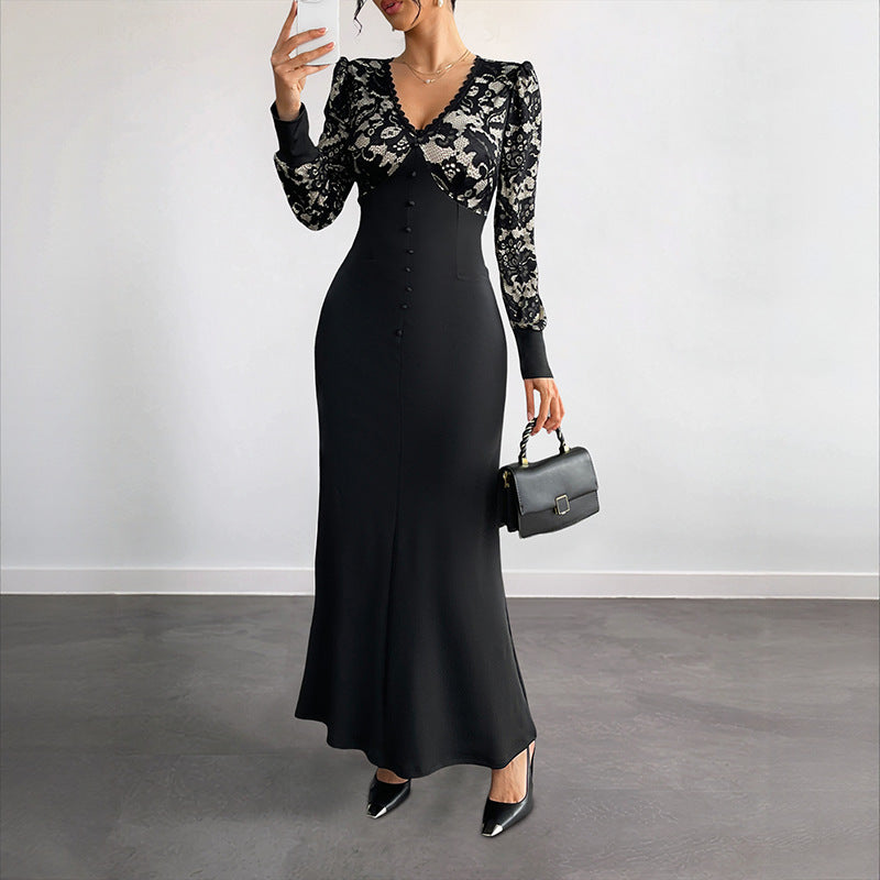 High-Waist Maxi Dress with Lace Patchwork and V-Neck