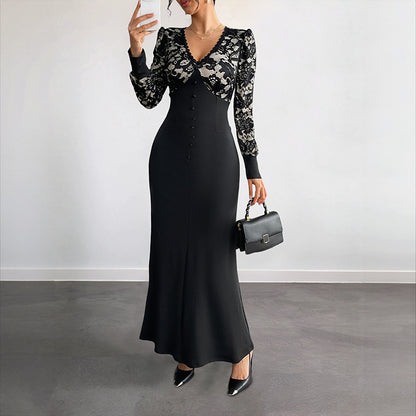 High-Waist Maxi Dress with Lace Patchwork and V-Neck