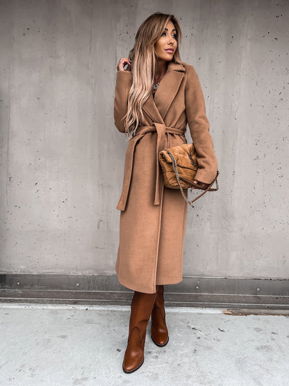 Solid Long Wrap Coat with Lapel Collar and Tie Belt