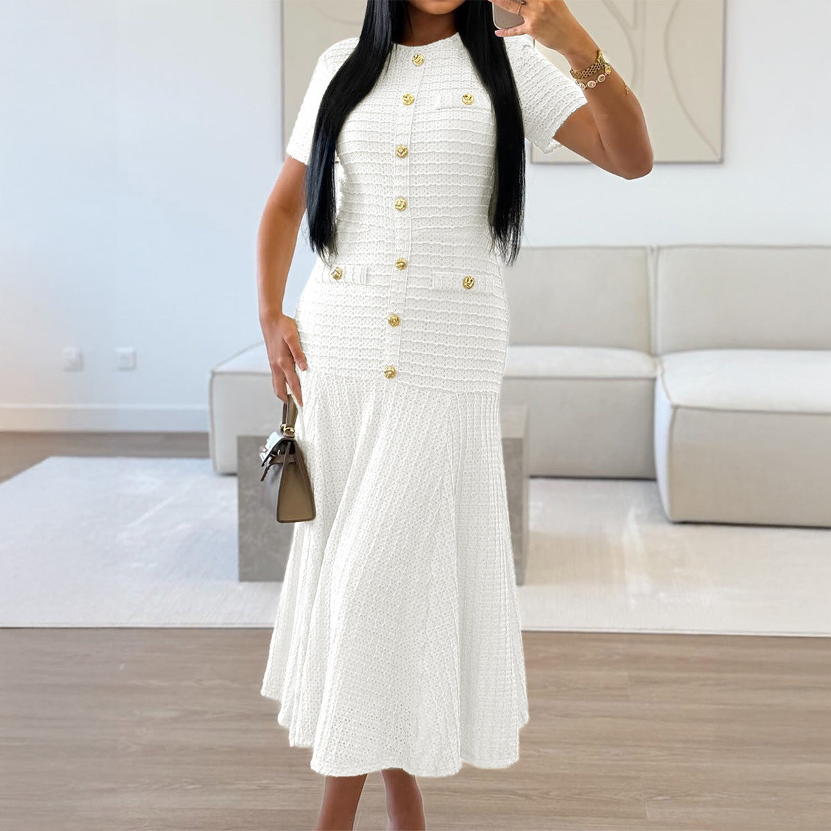 Textured Knit A-Line Midi Dress with Button Front