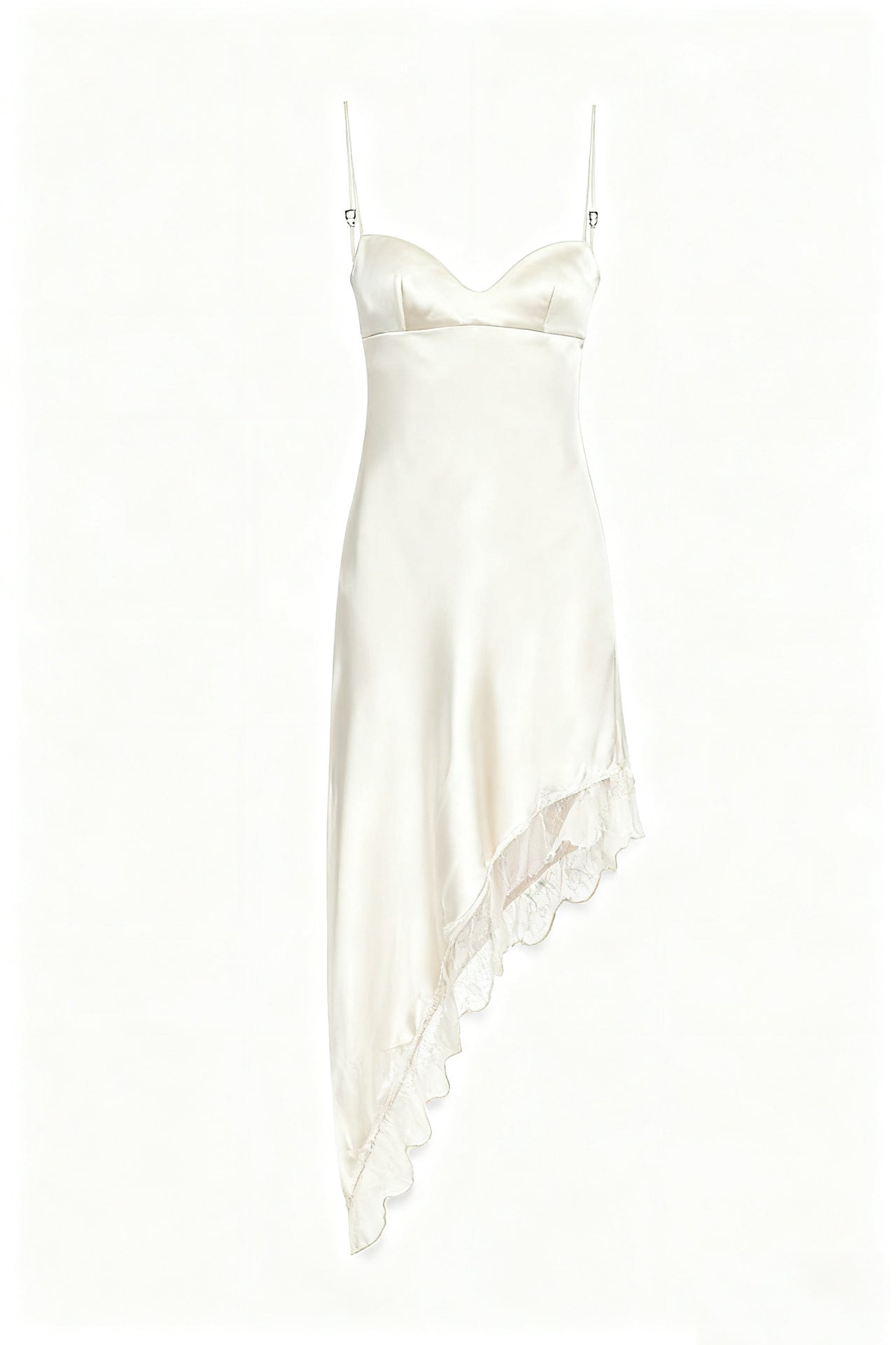 Asymmetrical Viscose Satin Slip Dress with Lace Trim