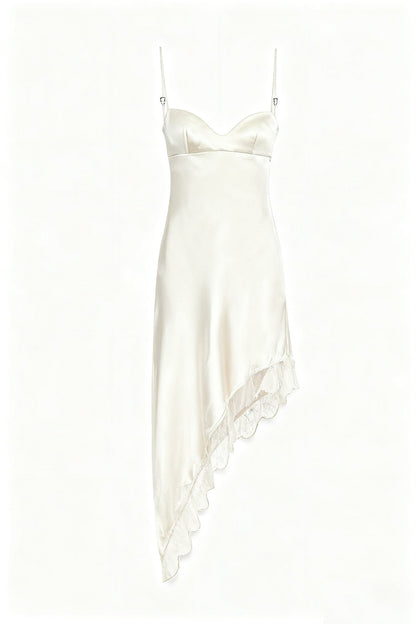 Asymmetrical Viscose Satin Slip Dress with Lace Trim