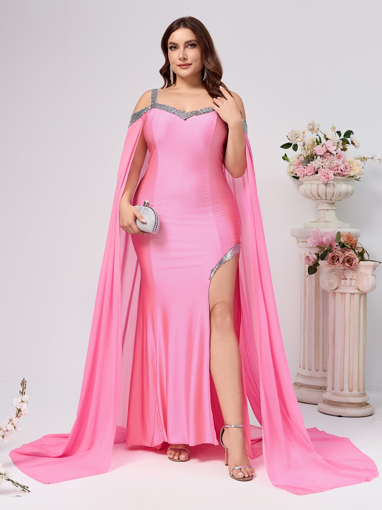 Sheath Maxi Dress with Sequin Trim and Trailing Cape Sleeves
