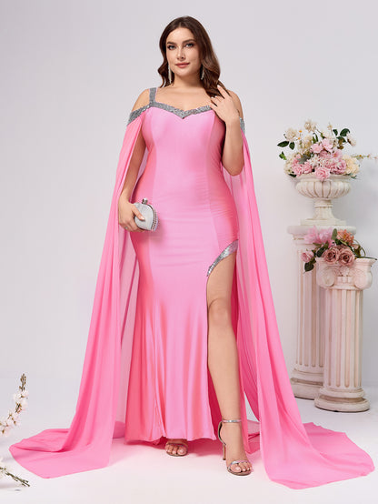 Sheath Maxi Dress with Sequin Trim and Trailing Cape Sleeves