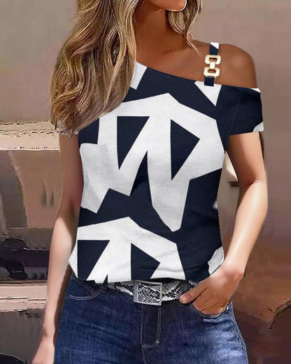 Geometric Print One-Shoulder Top with Metal Buckle